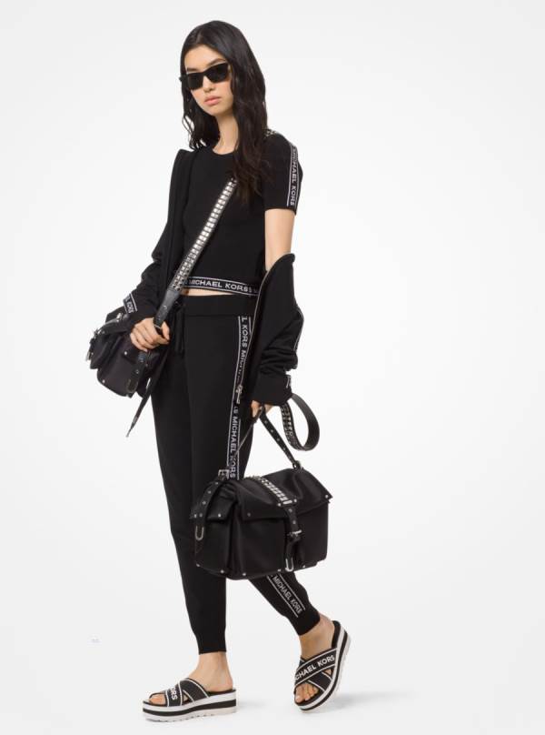 Damske Tricko Michael Kors Logo Tape Stretch-Viscose Cropped Čierne Biele - Oblecenie Michael Kors Obchod | NMLZQ-7456